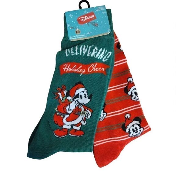 Disney Mickey Mouse 2 Pairs Red Green Christmas Themed Unisex Crew Socks - Picture 2 of 7